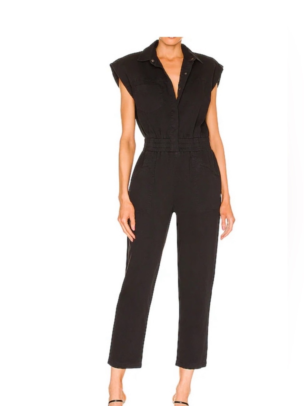 Pistola Rosie Padded Shoulder Cotton Jumpsuit in Color “Fade to Black”.  Size XS